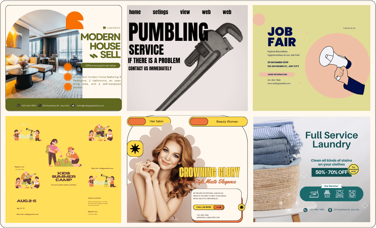 Think X Design Print — sample direct-mail flyer designs across industries (laundry, salon, plumbing, job fair, real estate and more).